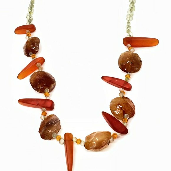 Gorgeous Carnelian Stone And Sea Glass Beaded 16” Necklace - Picture 2 of 6